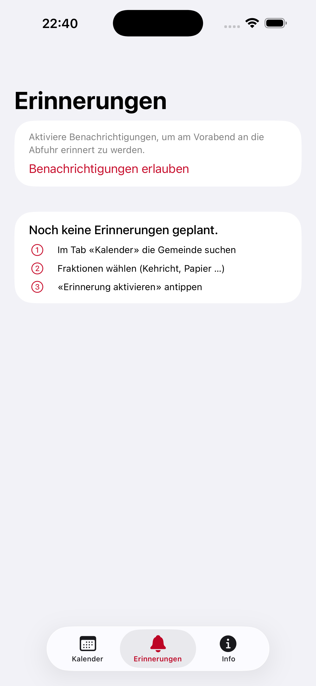 iOS-Ansicht zum Einrichten lokaler Erinnerungen für bevorstehende Abfuhrtermine