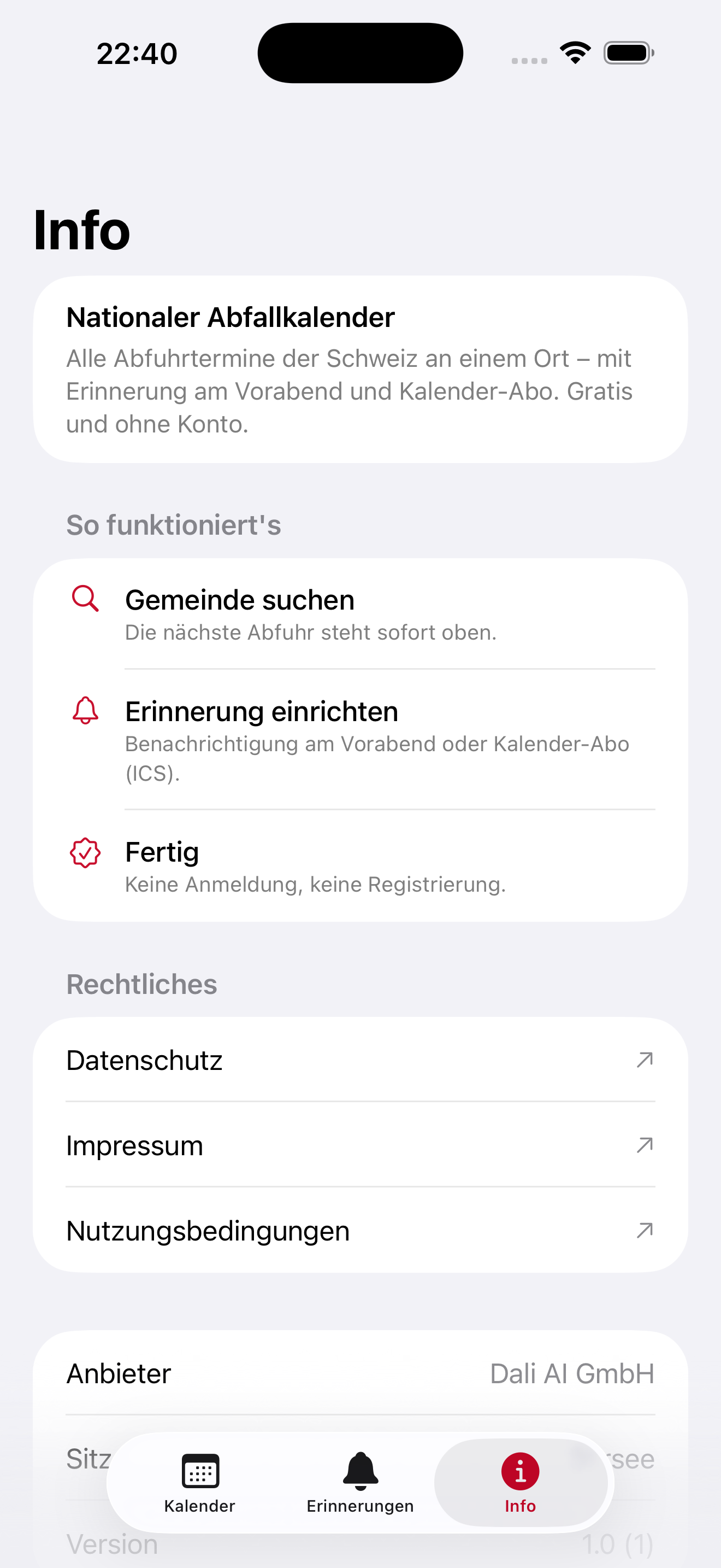 Informationsansicht des Nationalen Abfallkalenders mit Gemeinde- und Quellenangaben