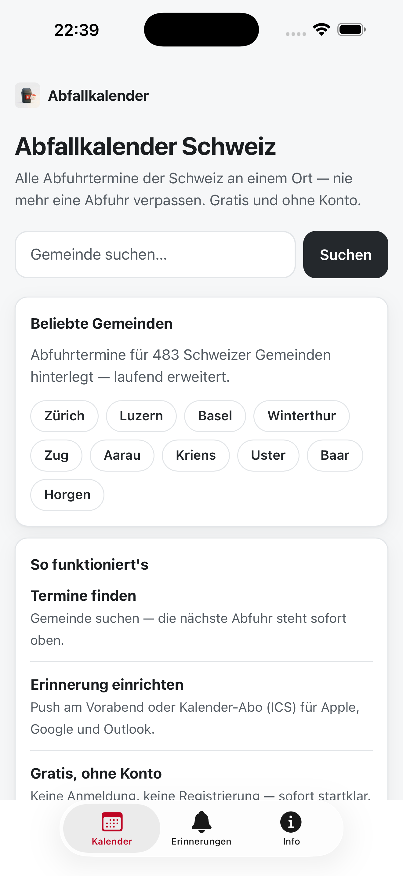 iOS-Ansicht des Nationalen Abfallkalenders mit Abfuhrterminen der gewählten Gemeinde