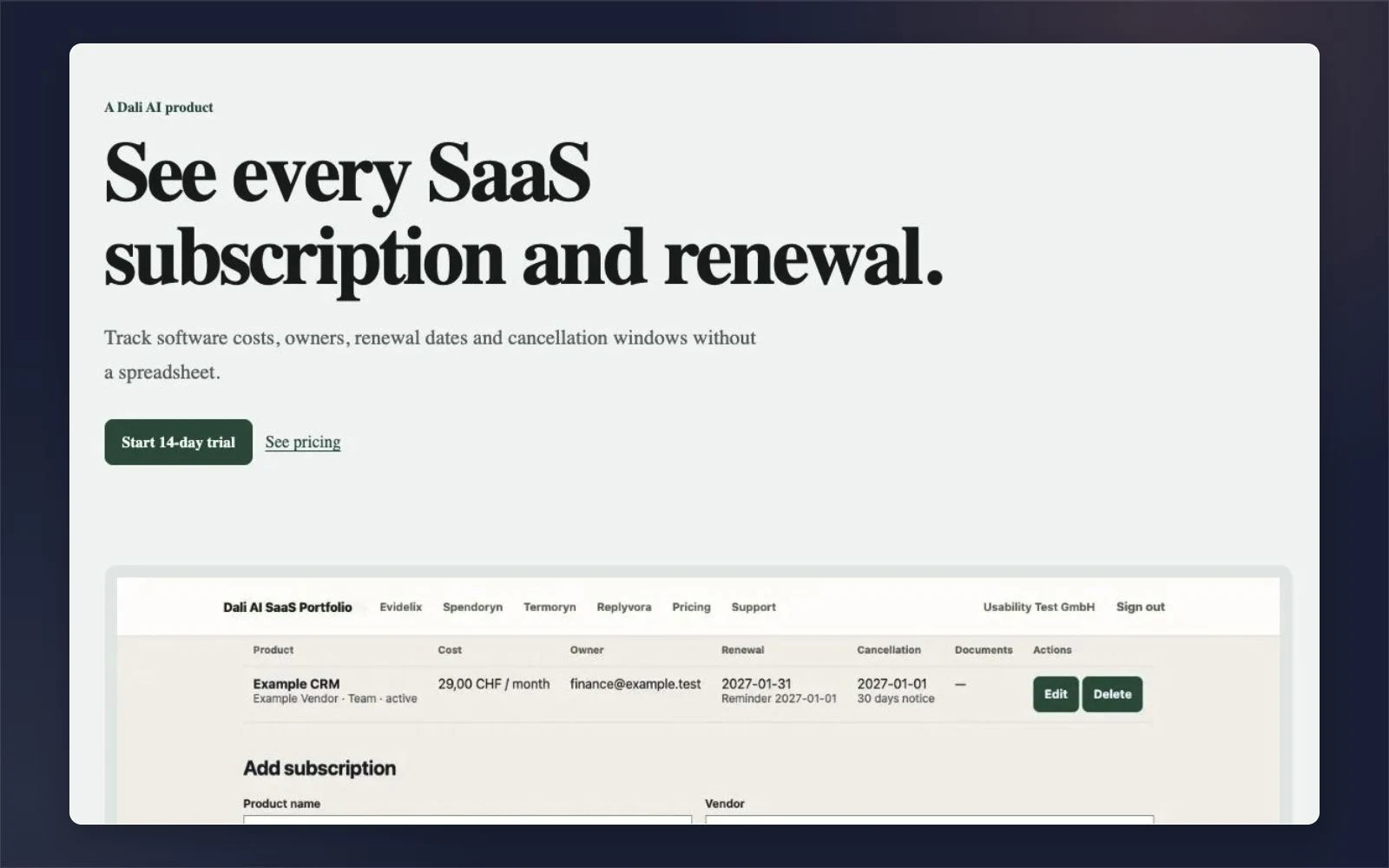 Spendoryn-Oberfläche: SaaS-Abonnements mit Kosten, Owner, Verlängerung und Kündigungsfrist
