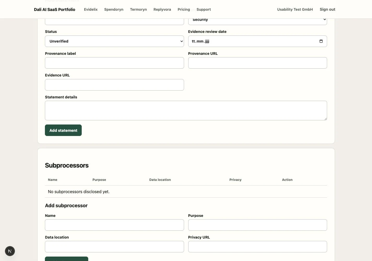 Evidelix-Dashboard zum Erfassen belegbarer Aussagen, Quellen und Subprozessoren