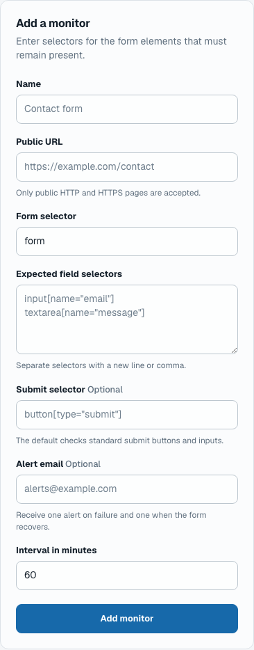 Mobile Formelynt-Ansicht zum Einrichten eines neuen Formularmonitors