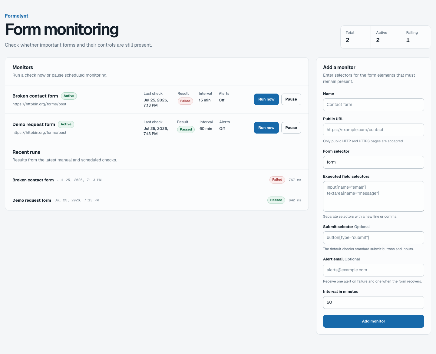Formelynt-Dashboard mit überwachten Websiteformularen und ihrem aktuellen Prüfstatus