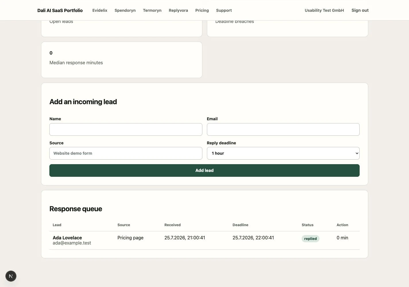 Replyvora-Dashboard mit eingehendem Lead, Antwortfrist, Status und Reaktionszeit