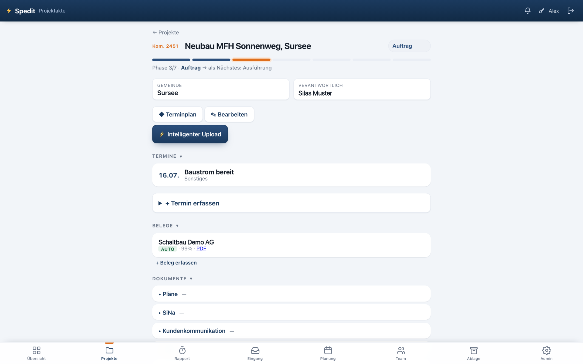Spedit Projektakte am Rechner — Termine, Belege und Dokumente eines Auftrags mit automatisch zugeordnetem Beleg