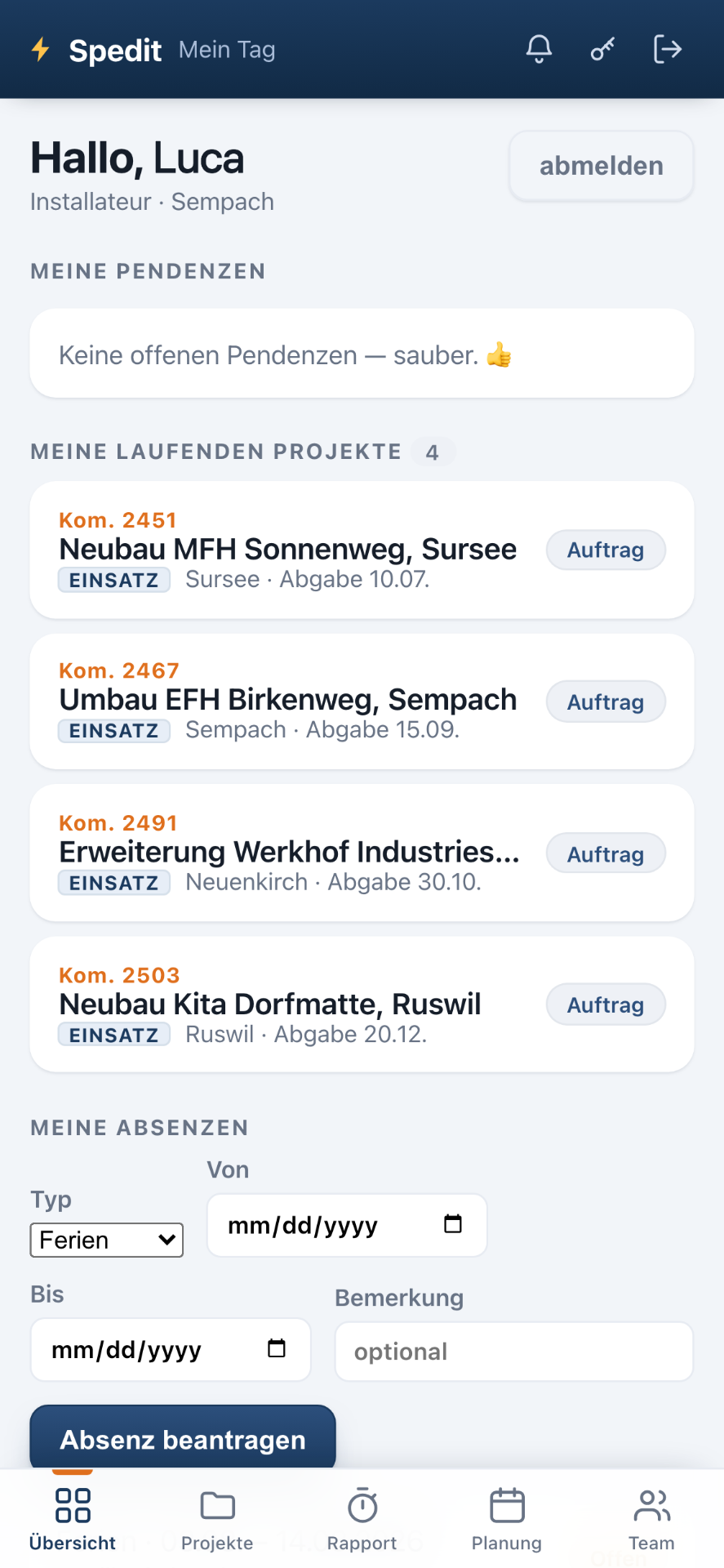 Spedit auf dem Handy — Mein Tag in der Installateur-Ansicht mit den eigenen laufenden Projekten