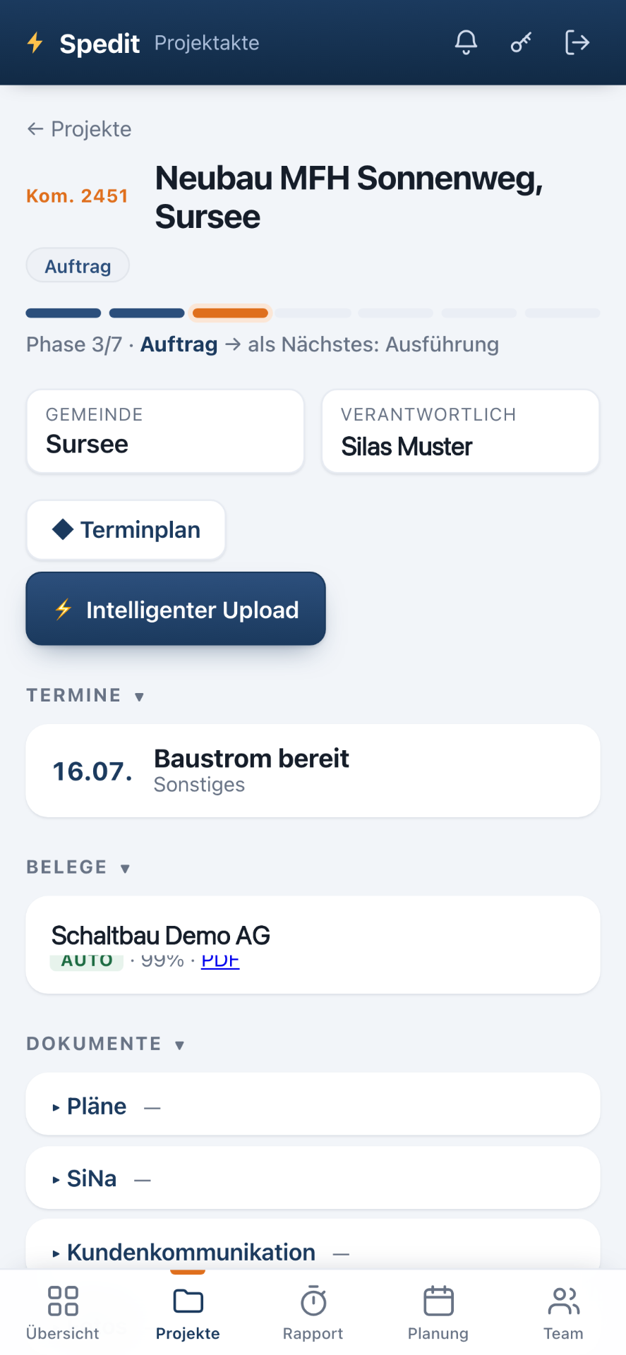 Spedit Projektakte auf dem Handy — Phasen, Termine, Belege und Dokumente eines Auftrags