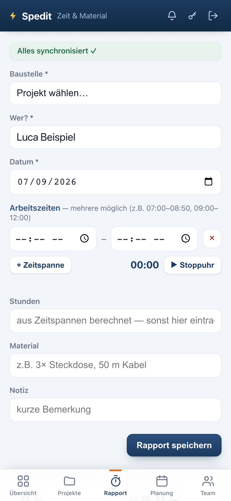 Spedit auf dem Handy — Zeiterfassung mit Stoppuhr und Von-bis-Zeiten