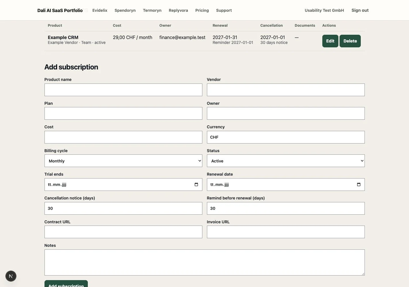 Spendoryn-Dashboard mit Abonnementkosten, Verantwortlichen sowie Verlängerungs- und Kündigungsterminen