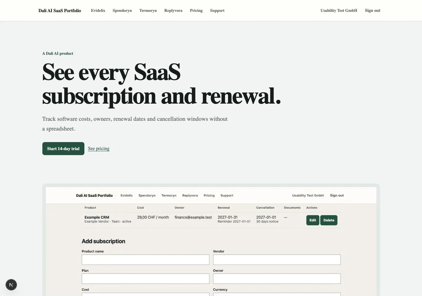 Spendoryn-Produktansicht für die Übersicht von SaaS-Abonnements und Verlängerungen