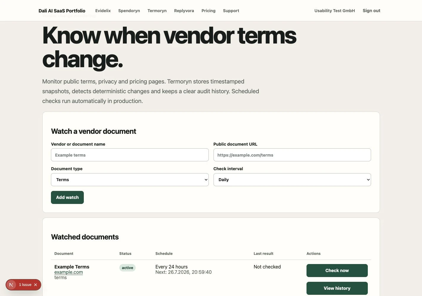 Termoryn-Dashboard mit beobachtetem Anbieterdokument, Prüfintervall und Änderungshistorie