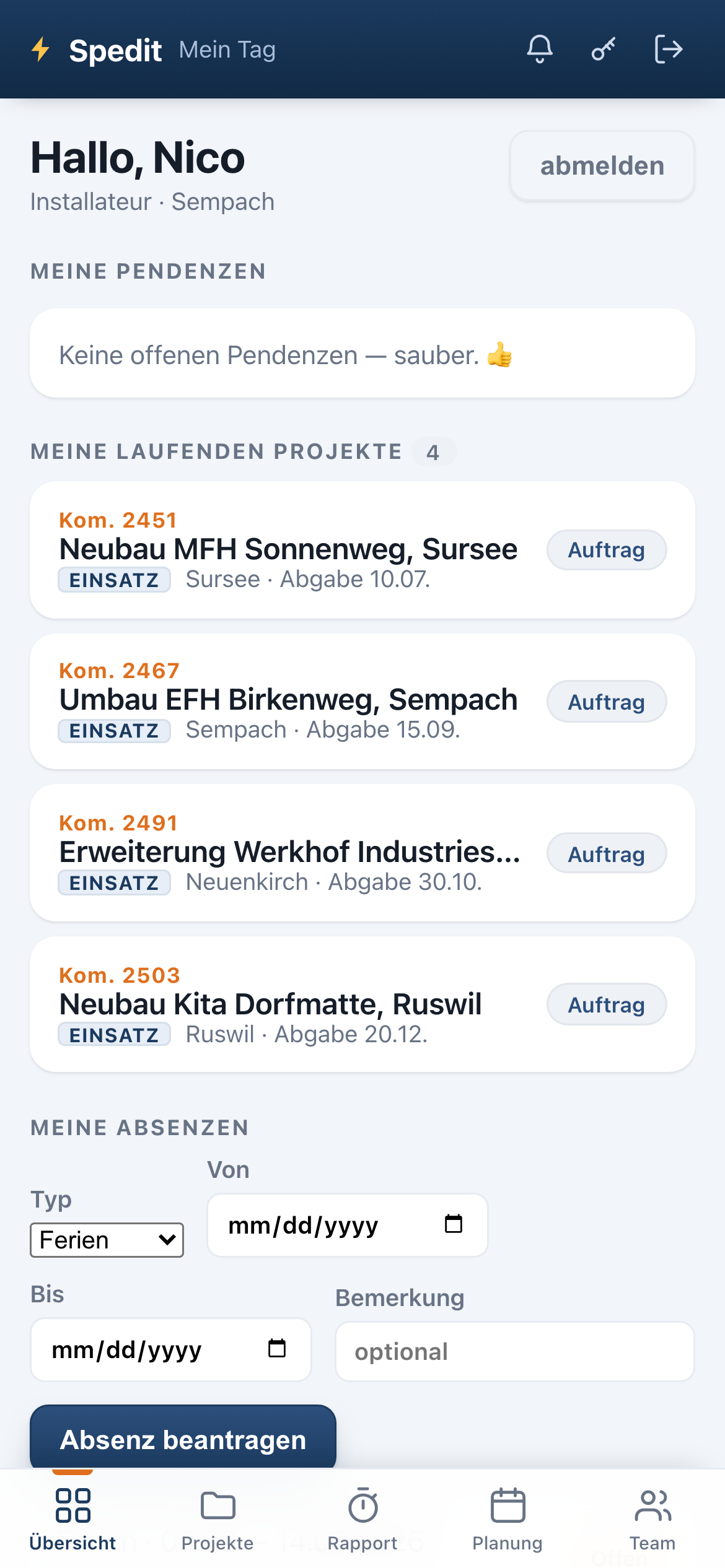 Spedit auf dem Handy — Mein Tag in der Installateur-Ansicht mit den eigenen laufenden Projekten