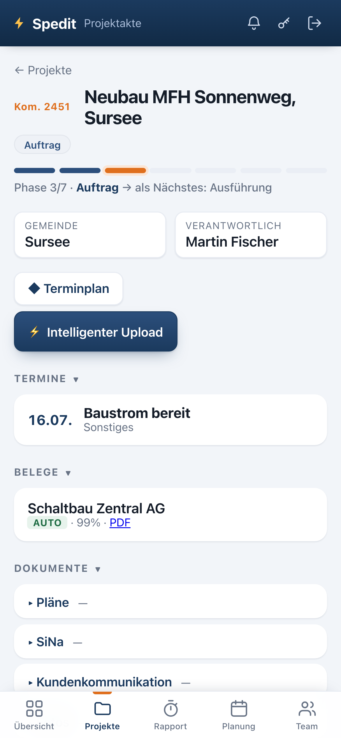 Spedit Projektakte auf dem Handy — Phasen, Termine, Belege und Dokumente eines Auftrags